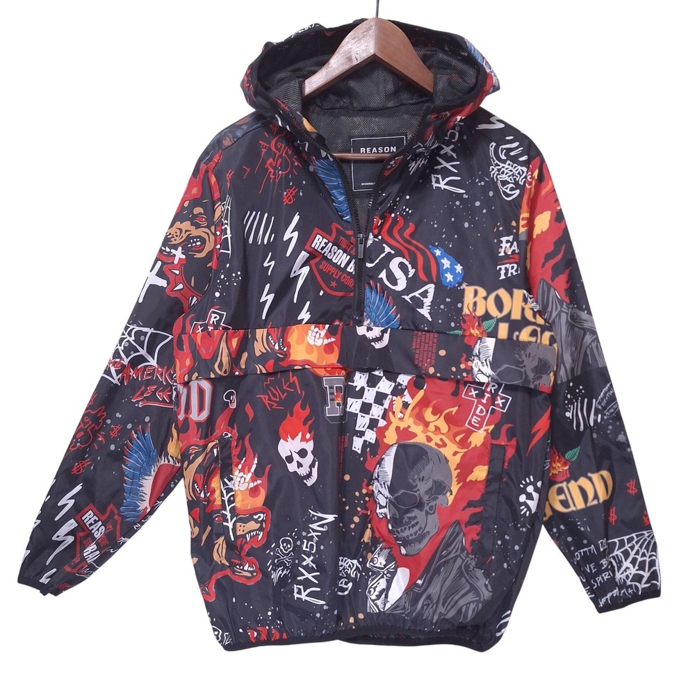 REASON Graphic Hooded Windbreaker 1/2 Zip Anorak Jacket Men S Flame Skull‎ Light